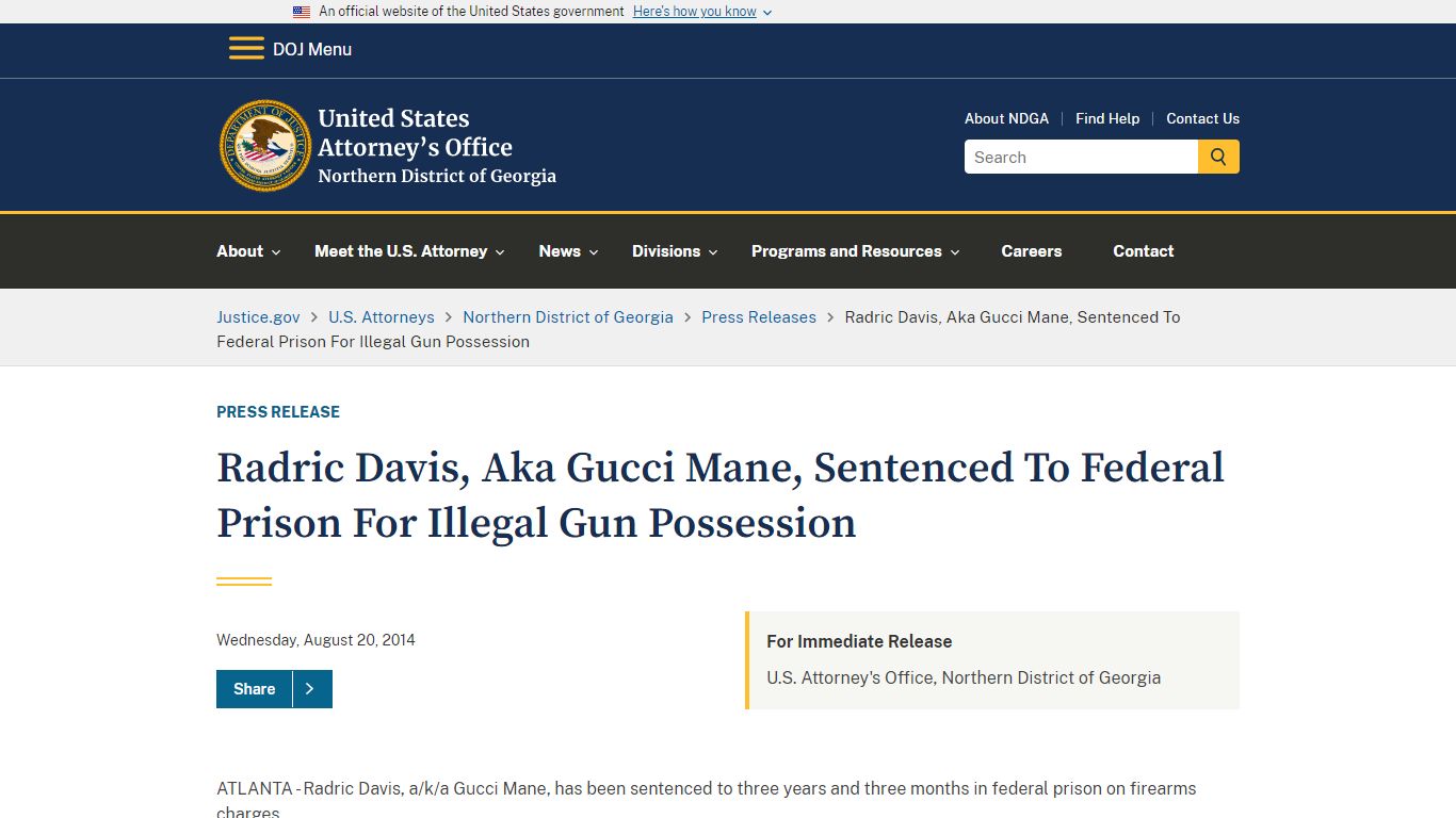 Northern District of Georgia | Radric Davis, Aka Gucci Mane, Sentenced ...